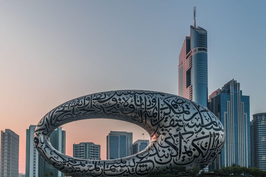 Dubai's skyline featuring Museum of the Future and modern skyscrapers at twilight.